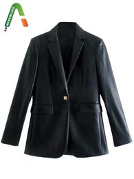 Jackets Adherebling Traf Women Faux PU Leather Jacket Metal Single Button Vintage Long Sleeve Blazers Pockets Female Black Suit Coat