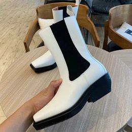 Elastic New Square Toe Boots Thick-soled Women's Boots Chelsea Boots Black And White Short Boots