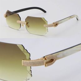 2022 New Micro-paved Sunglasses Rimless Diamond set Sun glasses Black Mix White Genuine Natural Buffalo Horn Frame Men Women with 264o