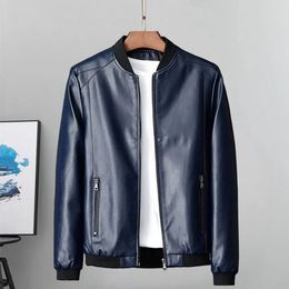 Men Fall Winter Coat Faux Leather Windproof Stand Collar Zipper Closure Mid Length Elastic Cuff Motorcycle Jacket 231222