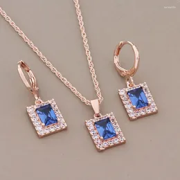 Necklace Earrings Set Fashion Rose Gold Color Hanging Sets For Women Blue Square Natural Zircon Luxury Quality Jewelry