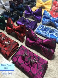 New Design Self Bow Tie And Hanky Cufflinks Set Silk Jacquard Woven Men Butterfly BowTie Pocket Square Handkerchief Suit Wedding8412616