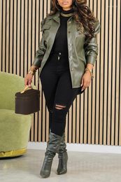 Women's Jackets CINESSD 2023 Casual Style Autumn And Winter Solid Colour PU Leather Snap Fastener Long Sleeve Blazer Collar Coat