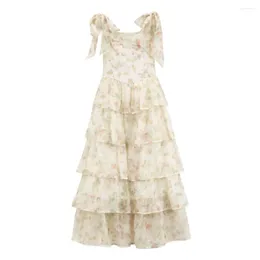 Casual Dresses Elegant Floral Print Chiffon Long Dress For Women Spaghetti Strap Slim A-Line Layered Vestido 2023 Summer Streetwear Robe