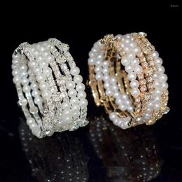 Bangle Wide Imitation Pearl Bracelets Full Rhinestone Cubic Zirconia Hand Wrist Bracel Multi Layer Wedding Jewelry Bridal
