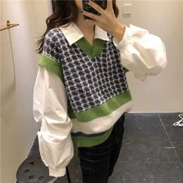 Women's Blouses Shirts EWSFV 2021 Autumn New Arrive Women Oversized Plaid Shirt Preppy Style Stitching Fake Two-Piece Puff Sleeve Knitted Sweater Tops YQ231223