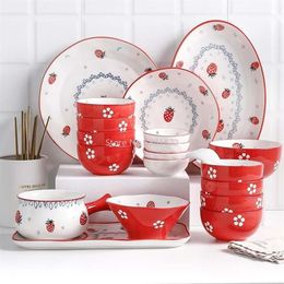 Nordic style ceramic tableware set strawberry rice bowl plate creative dessert salad plate spoon western cake home250g