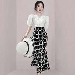 Work Dresses Summer Women Skirt Set Elegant Luxury 2-piece Korea V-neck Bubble Sleeve Lace Shirt Top Mermaid Fashion Commuter