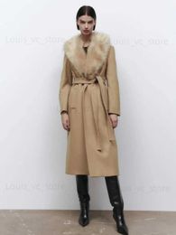 Women's Wool Blends RR1534 Camel Detached Big Fake Fur Collar Wool Blends Coats Womens X Long Loose Winter Wool Jackets Belt Tied On Waist Outwear T231223