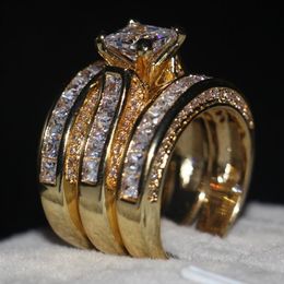 Vecalon Fashion 3-in-1 Women ring Princess cut 7mm Simulated diamond Cz Yellow Gold 925 Sterling Silver wedding Band ring Set299U