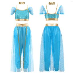 Stage Wear Kids Girls Arabian Princess Costume Cosplay Shiny Sequins Crop Top Pants Outfit For Halloween Party Belly Dance Performance