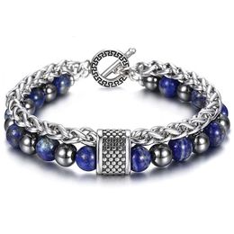 8MM Double Layers Stone Beaded Bracelet for Men Boys Lapis Lazuli Hemitate Metal Lava Stone Stainless Steel Cable Chain TBX00109 Y249v