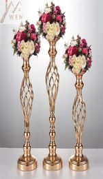 10PCS Gold Flower Vases Candle Holders Rack Stands Wedding Decoration Road Lead Table Centrepiece Pillar Party Event Candlestick Y7976235