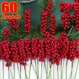 Decorative Flowers 60/1pcs Xmas Simulation Berry Branch Artificial Red Berries Flower Fruit Cherry Plant For Chriatmas Tree Home Party