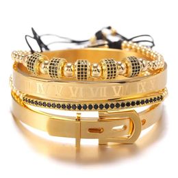 4pcs set Charm Bracelets Roman Numerals Cubic Zirconia Beads Couples Men Bracelet Stainless Steel Clasp Crown Jeweley Gold Silver 331S