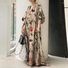 Ethnic Clothing 2023 Kaftan Cotton Linen Print V-neck Simple Loose Casual Long Veiled Dresses Balloon Sleeves Plus Size Women Dress