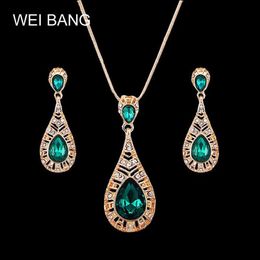 Earrings & Necklace 2021 Fashion Gold Colour Jewellery Dubai Bride Wedding Quality Green Rhinestone Jewlery Set Drop221S