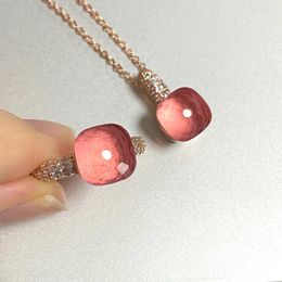 Necklace Earrings Set 2Pcs/Set Women Ring Jewelry Inlay Zircon 30Colors Candy Crystal Rose Gold Plated Fashion