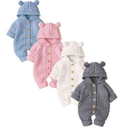 Rompers 624M Newborn Baby Knitted Sweater Autumn Winter Romper Boys Girls Hooded Bear EarJumpsuits Jackets G1221