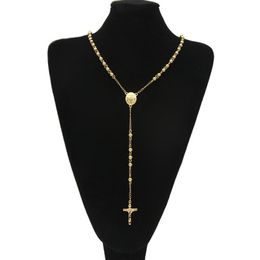 Gold Stainless Steel Bead Chain Jesus Christ Cross Pendant Rosary Long Necklace Mens Womens Hip hop Jewelry2166