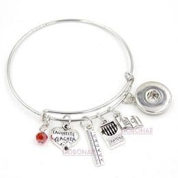 Whole Adjustable Bangle Snap Jewelry Teacher Bracelet Book Ruler Crayons Charms Bangle Snap Button Bracelets for Teacher Gift261t