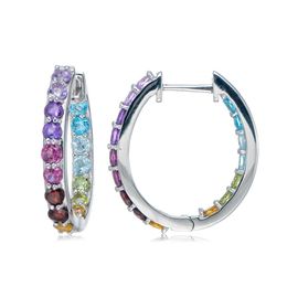 Huggie Amethyst,Garnet,Tourmaline,Citrine,Peridot,Topaz Rhodium Over Sterling Silver Hoop Earrings Natural Multi Gemstone For Women