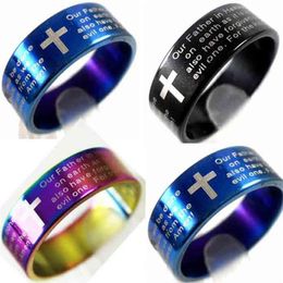 Bulk Lots 100pcs English Lord's Prayer Cross Stainless Steel Rings 3 Colours Mix Whole Mens Fashion Jewelry279c