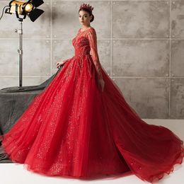 Sparkling Red Beaded Wedding Dresses Sequined Long Sleeves Bridal Gowns Bateau Neckline A Line Tulle Sweep Train Vestido De Novia