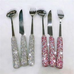 3 Piece Sets Bling Rhinestones Cutlery Household Steak Stainless Steel Diamond LNIFE Fork Spoon Kitchen Party Dinner Tableware 2102426