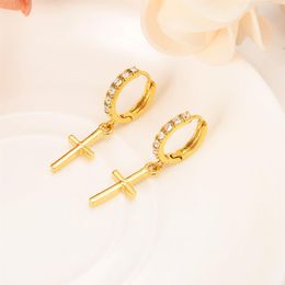 Zircon Earring Special Christian Vogue True Real 22 K 24 K Thai Baht Yellow Gold Plated Crucifix Cross Timeless Charm Earrings228U