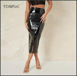 Autumn Faux Latex Leather Midi Skirts Women Sexy Skinny High Waist PU Skirts Large Size Back Hems Split Fashion Bodycon Custom 2104389400