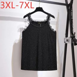 T-Shirt New Ladies Summer Plus Size Basic Tank Tops For Women Large Sleeveless Lace Black Cotton Sequins Vneck Vest 3XL 4XL 5XL 6XL 7XL