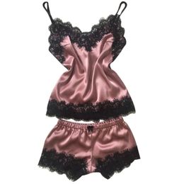 FashionWomen039s Sleepwear Sexy Satin Set Black Lace VNeck Pyjamas Sleeveless Cute Cami Top and Shorts4468248