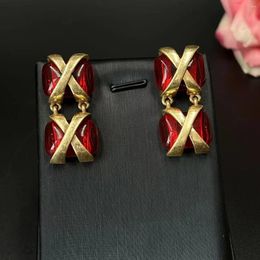 Stud Earrings Medieval Gold Plated Cube Red Coloured Glaze Brand Elegant Earring Vintage Antique Alloy Jewelry Light Luxury