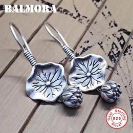 Knot BALMORA Real 925 Sterling Silver Lotus Flower Drop Dangle Earrings for Women Mother Gift Vintage Elegant Fashion Jewellery