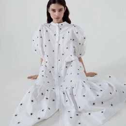 Dresses Puff Sleeve Midi Women Dresses Vintage Polka Dot Dress White Cotton Floral Embroidery Summer Dress Casual Party Vestidos