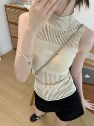 Women's Tanks Summer Korean Version Slim Fit Half High Neck Patchwork Hollowed Out Knitted Vest For Top