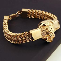 Punk Jewelry Figaro Chain Mens Bracelet Stainless Steel Silver Color Gold Color Lion Head Bracelet Mens Cuff Bracelet 8 66 inch CX233v