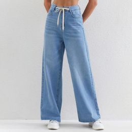 Women's Jeans Casual Light Blue With Baggy Denim Ladies Waist Of Trousers Adjustable Sweatpants Techwear 2023 Female Clothing