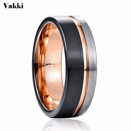 VAKKI Men 8mm Tungsten Ring Black Rose Gold Wedding Band Engagement Ring Men's Party Jewellery Bague Homme224I