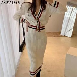 Suits JSXDHK Korean Chic Autumn Winter V Neck Hit Colour Striped Knitted Cardigan Sweater Coat + High Waist Bodycon Midi Skirts Suit