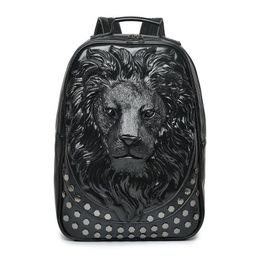 Men Backpack Leather Soft 3D Embossed Lion Head Studded Rivet Gother Travel punk rock Backpack Laptop School Halloween Bag254q