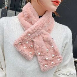 Scarves Wraps Korean Solid Color Faux Rabbit Fur Pearl Thicken Collar Cross Plush Scarf Female Winter Outdoor Neck Protection Warm Shl V85