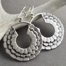 Dangle Earrings Retro Boho Hollow Out Flower Design Round Hook Zinc Alloy Silver Plated Jewellery Exquisite Female Gift