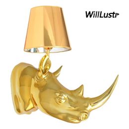 Creative Resin Rhino Wall Lamp Fabric Shade Sconce Hotel Cafe Bar KTV Bedside Living Room White Black Gold Silver Lighting