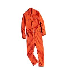 Men039s Jeans Lapel Longsleeved Jumpsuit Male Hiphop Style Casual Loose Multipocket Comfortable Overalls Orange Red1642276