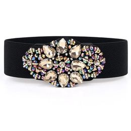 Belts Fashion Women Wide Elastic Waist Belt Colourful Rhinestone Crystal Flower Lady Girls Stretch Waistband Cummerbund For Dress316a