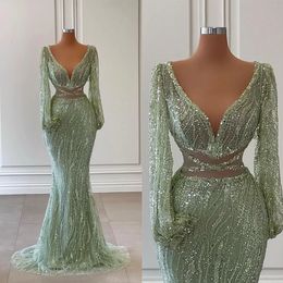 Shining Mermaid Prom Dresses V-neck Long Sleeves Sequins Appliques Design on Waist Floor Length Zipper Plus Size Custom Made Formal Party Dress Vestido De Noite