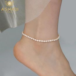 Bracelets Ashiqi Natural Freshwater Pearl Anklet Lady Elasticity Chain Beach Foot Bracelet Fashion Jewellery for Women New Trend