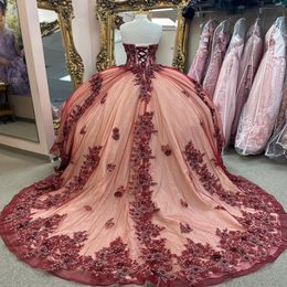 Red Shiny Quinceanera Dresses Crystal Sequined Ball Gown Off The Shoulder 3DFlowers Applique Lace Corset Vestidos Para XV Anos